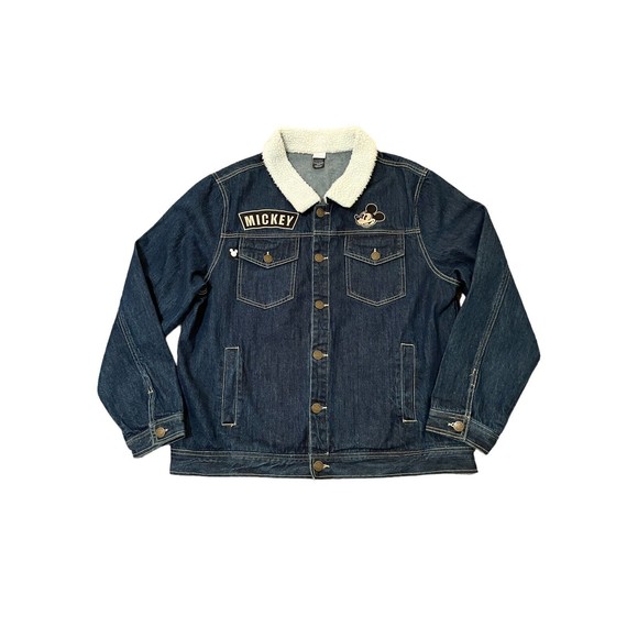DISNEY Mickey Mouse Blue Denim Jean Jacket Womens XL Embroidered Sherpa collar - Picture 1 of 9